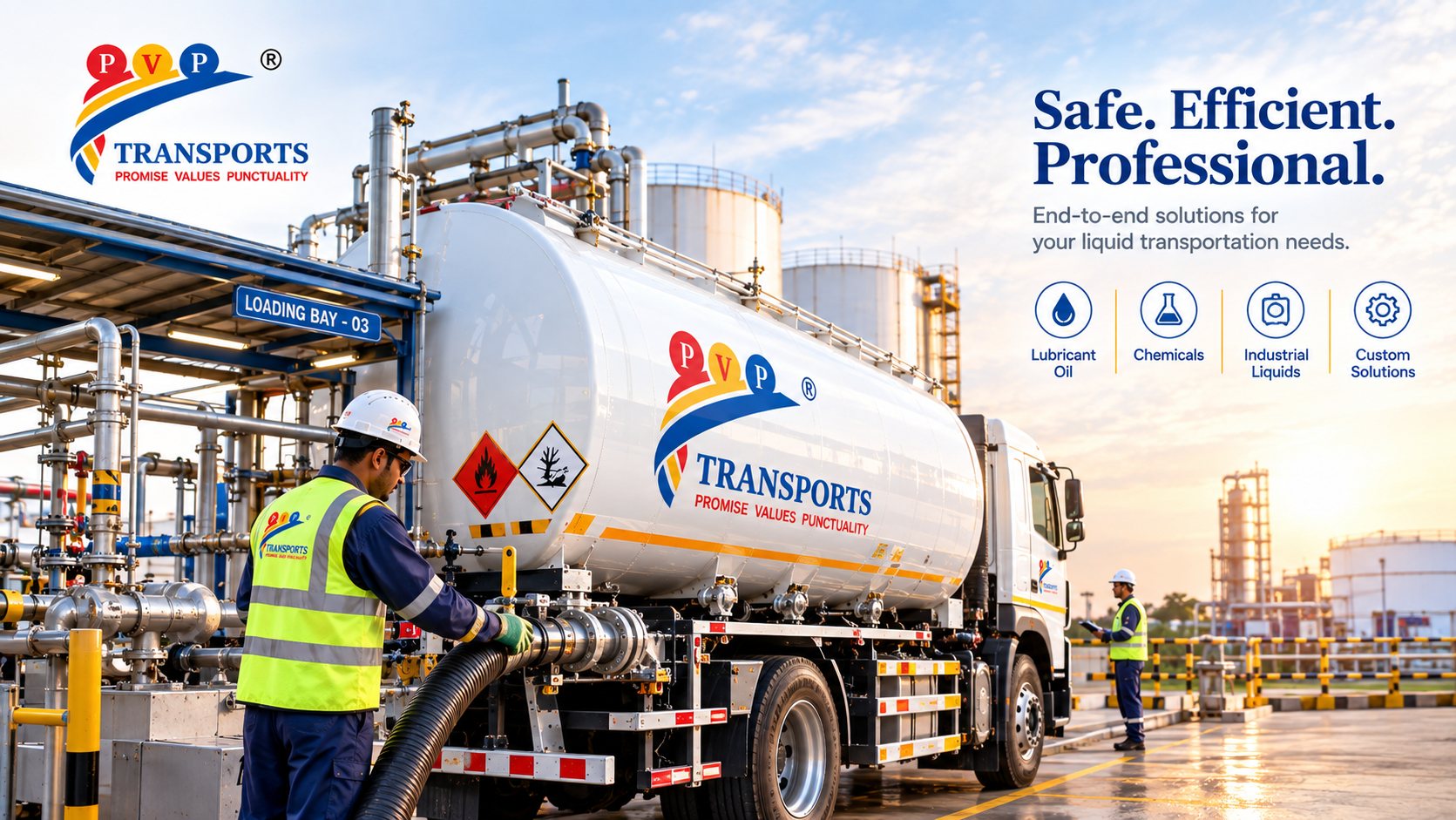 Worker connecting a hose to a PV Powlose Transport tanker at Loading Bay 03: Safe, Efficient, Professional